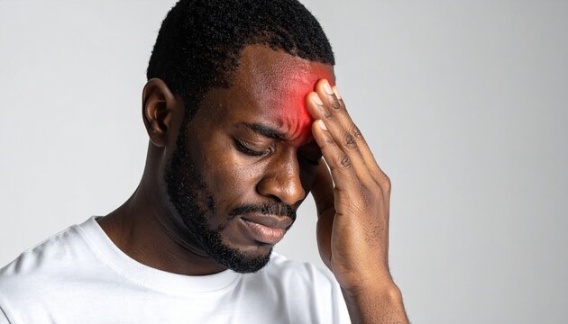 Man experiencing severe headache or migraine with red glow on forehead, close-up view