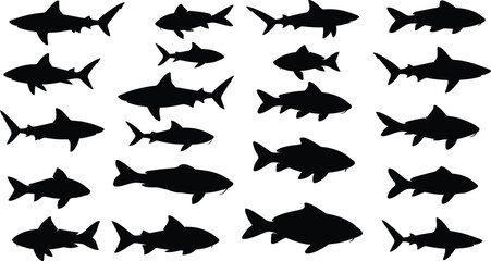 Fototapeta premium Comprehensive collection of black shark and fish silhouettes in various swimming poses, isolated on a white background for marine vector graphic design illustration.