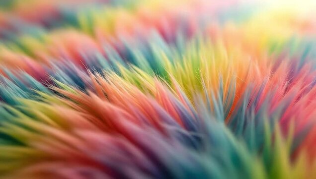 Extreme close up shot reveals vibrant multicolored synthetic fur fibers creating an abstract background texture with soft bokeh lighting effects