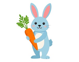 Fototapeta premium Cartoon bunny holds a carrot, standing upright. Soft light-blue fur, cheerful. Cute easter themed art