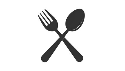 Black fork & spoon crossed, isolated on white. Minimalist dining icon with clean lines and elegant design