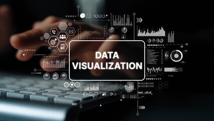 Plakat Hands Engaging with Keyboard While Exploring Data Visualization Concepts and Infographics in Dark Environment. Asymptotic smart data analytic.