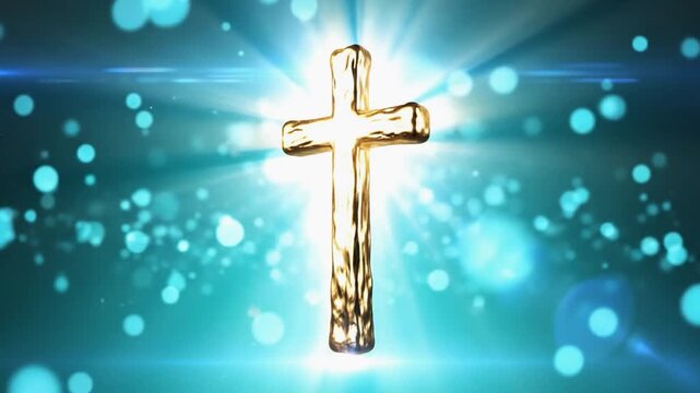 Golden cross illuminated by radiant light with shimmering bokeh background in spiritual setting