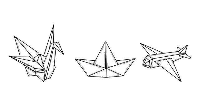 Origami cranes and paper boat and airplane