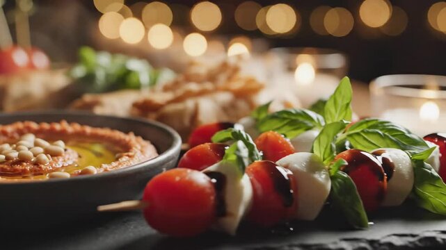 Close-up of Mediterranean appetizers with hummus, olive oil drizzle and caprese skewers