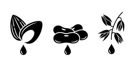 Fototapeta premium Black icons of almond, olive, and leaf with drops