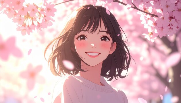 満開の桜の下で微笑む若い女性の春イラスト