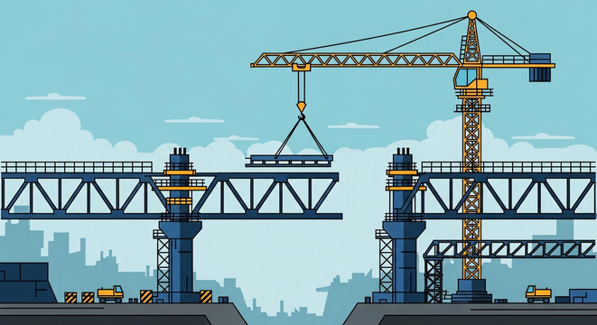 Bridge construction site with crane lifting section.
