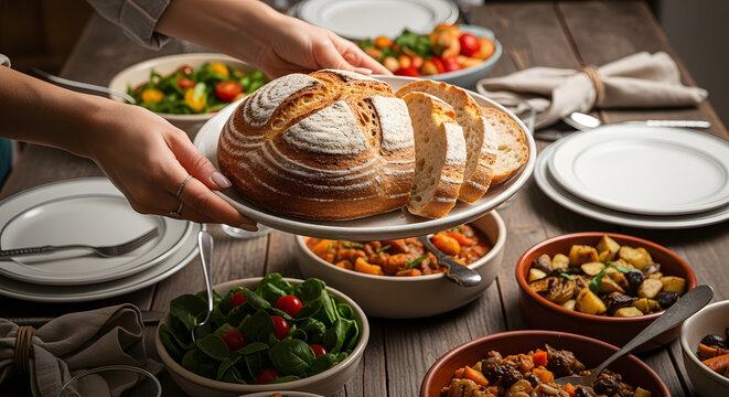 Woman serving fresh bread at a rustic dinner table - generated AI.