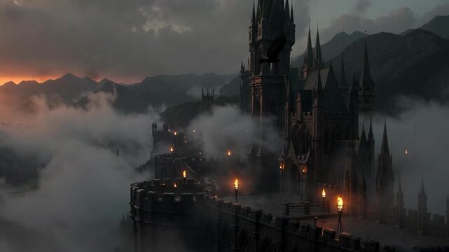 A gothic castle perches dramatically atop a misty mountain, its silhouette a stark contrast against a twilight sky, creating an atmosphere of mystery and grandeur.