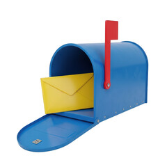 Bright blue mailbox with red flag and yellow envelope