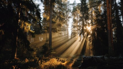 Fototapeta premium Serene Forest Landscape with Sunlight Streaming Through Tall Trees and Creating Beautiful Rays of Light on the Ground in a Peaceful Environment