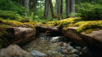 Tranquil Forest Stream Flowing Through Moss-Covered Logs in Lush Green Wilderness with Sunlight Filtering Through Tall Trees