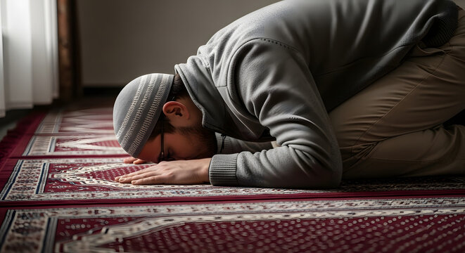 Man praying on red Islamic prayer mat in prostrate position - generated AI.