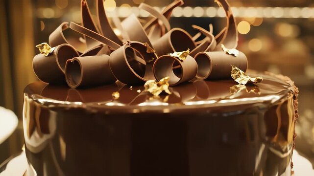 Chocolate cake dessert with shiny glaze and gold decorations