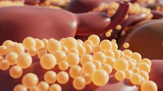 Microscopic view of fat cells, showing lipid droplets within adipocytes