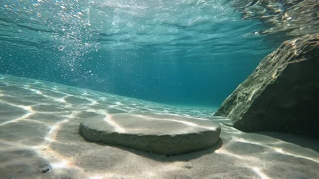 Underwater scene with circular stone and bubbles rising from sandy bottom near rock formation