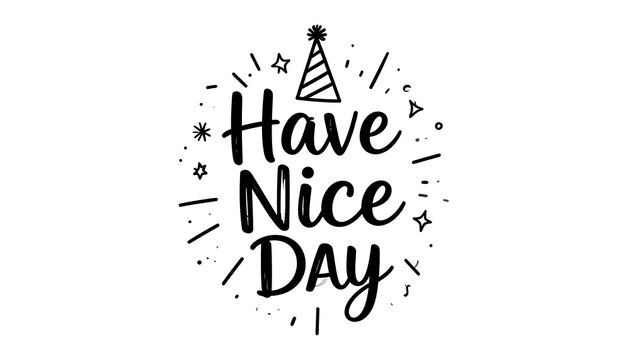Have a Nice Day" hand-lettered on white with a party hat and starbursts in black and white