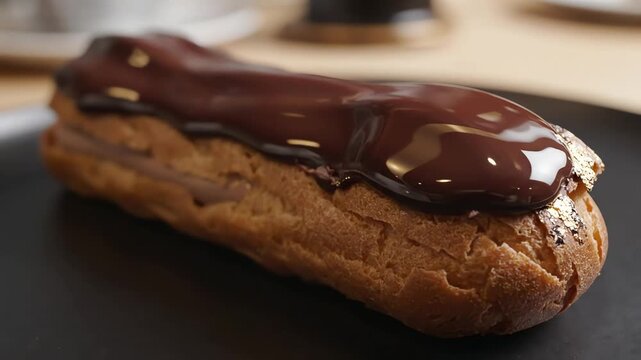 Chocolate eclair pastry on black plate close up food photography