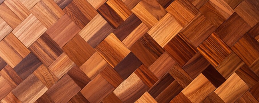 A geometric wood inlay pattern featuring a warm palette of rich browns and oranges, creating a textured diamond mosaic effect. Wood, Pattern, Texture, Inlay, Mosaic