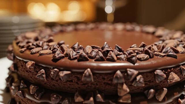 Close up of a layered chocolate cake with chocolate chips on a white plate