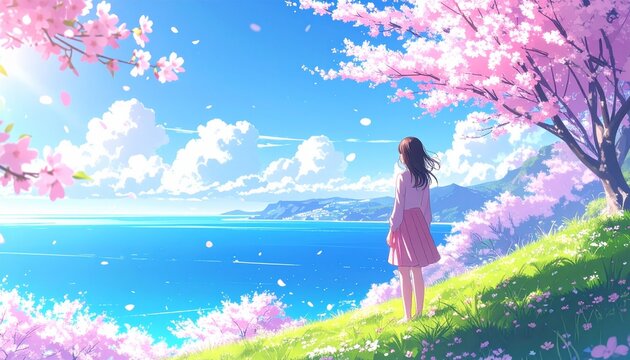 桜の咲く丘と海を望む女性の春のイラスト