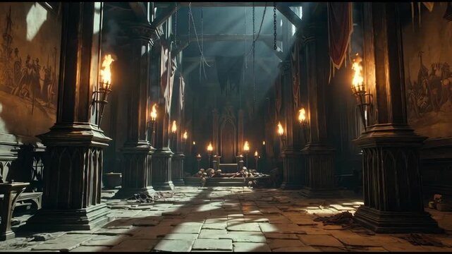 An eerie, antique hall bathed in ethereal light, with rows of towering columns, ornate candlesticks, and a sense of mystique, invites exploration. 