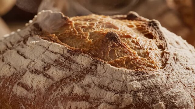 Close-up of a freshly baked artisan sourdough bread loaf dusted with flour and steaming