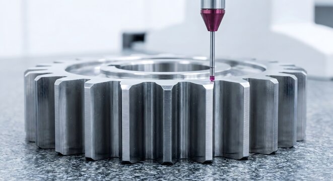 CMM coordinate measuring machine probe touching metal gear in clean industrial laboratory