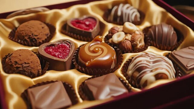Gift box opening with assorted chocolates and decorative ribbon