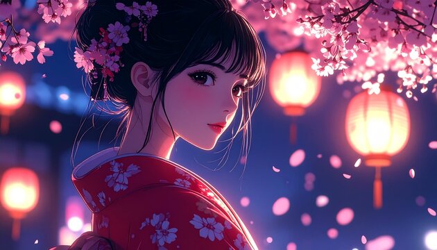 夜桜にと着物女性の幻想的イラスト