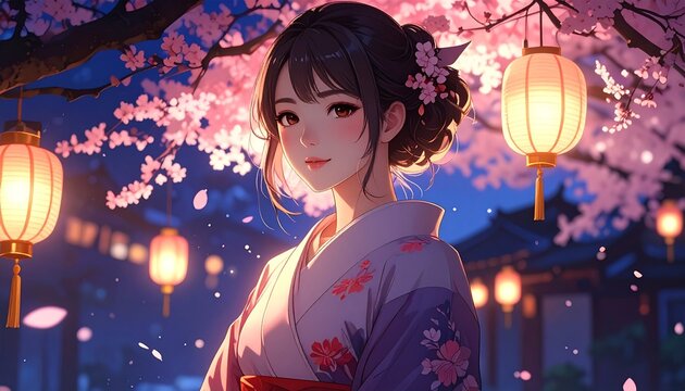 夜桜にと着物女性の幻想的イラスト