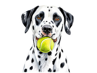 A dalmatian dog holding a tennis ball in its mouth