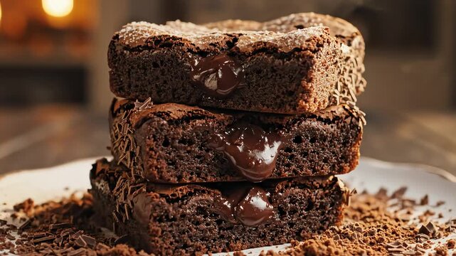 Stacked chocolate brownies on plate close up food photography