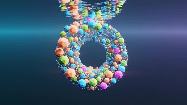 Abstract colorful geometric particles forming a torus shape underwater with reflections
