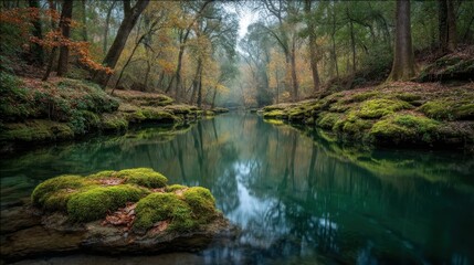 Naklejka premium Serene Autumn Landscape of a Calm River Surrounded by Lush Greenery and Rocky Outcrops in a Tranquil Forest Setting