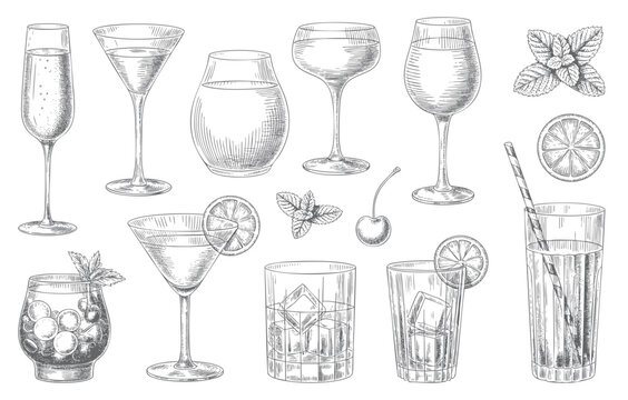 Vintage cocktail glasses with citrus and garnish in engraving detail. Hand drawn alcohol drinks set in retro ink line art.