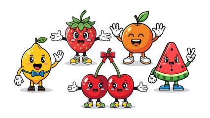 Naklejka premium Cute Fruit Mascot Characters Set Cartoon Vector Illustration. Expressive faces, white gloves, and playful poses in a modern cartoon style isolated in transparent background.
