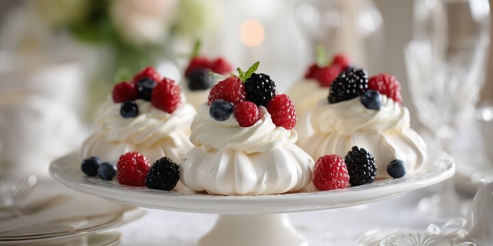 Mini pavlovas topped with whipped cream and berries, arranged on white cake stand. Soft-focus dining room with flowers and glassware adds delicate charm.