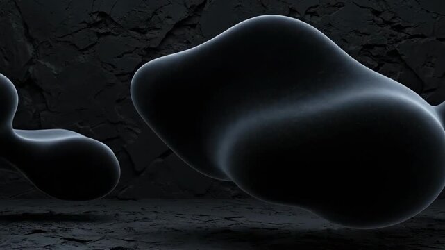 Abstract dark amorphous blobs floating in a textured cave-like environment