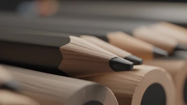 Close-up macro shot of sharpened graphite pencils arranged in a row, ready for drawing