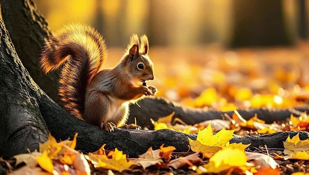 Adorable fluffy eurasian red squirrel perched on tree roots eating a small nut surrounded by brilliant golden autumn maple leaves in warm sunlight