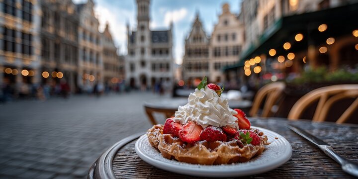 Belgian waffle topped with strawberries and whipped cream on cafe table, blurred view of cobblestone square and Gothic architecture behind. Sweet European cafe moment, rich with local charm.