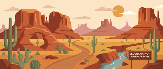Flat vector illustration of Sedona Canyon National Park with majestic red rock formations, saguaro cacti, a winding desert road, and a flowing river under a warm sunset sky and golden sun.