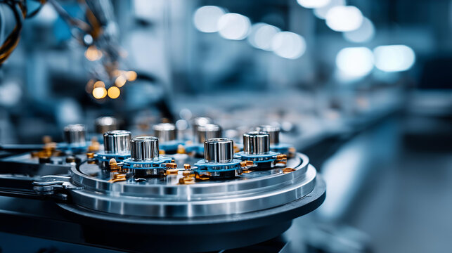 Detailed close-up of battery cells for electric vehicles, defocused assembly robots attaching wiring, metallic surfaces gleaming, cinematic factory depth, with copy space