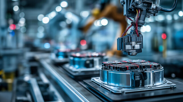 Detailed close-up of battery cells for electric vehicles, defocused assembly robots attaching wiring, metallic surfaces gleaming, cinematic factory depth, with copy space