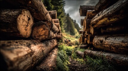 Fototapeta premium Serene Forest Scene with Stacked Logs, Overcast Sky and Lush Greenery, Represents Nature's Beauty and Timber Industry in a Tranquil Setting