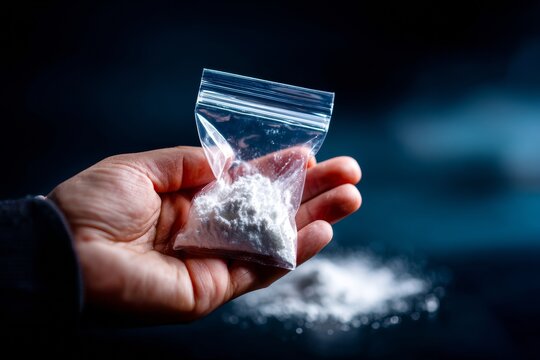 Hand Holding Small Plastic Bag Containing White Powder Representing Substance Abuse and Addiction Issues in a Dark Setting