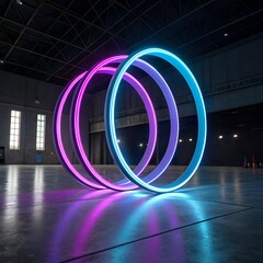 Three glowing neon rings in purple and blue hover above a concrete floor in a dark, industrial warehouse, casting vibrant reflections.