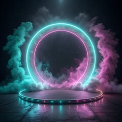 A circular neon stage illuminated with turquoise and pink light, surrounded by swirling smoke against a starry night sky backdrop.